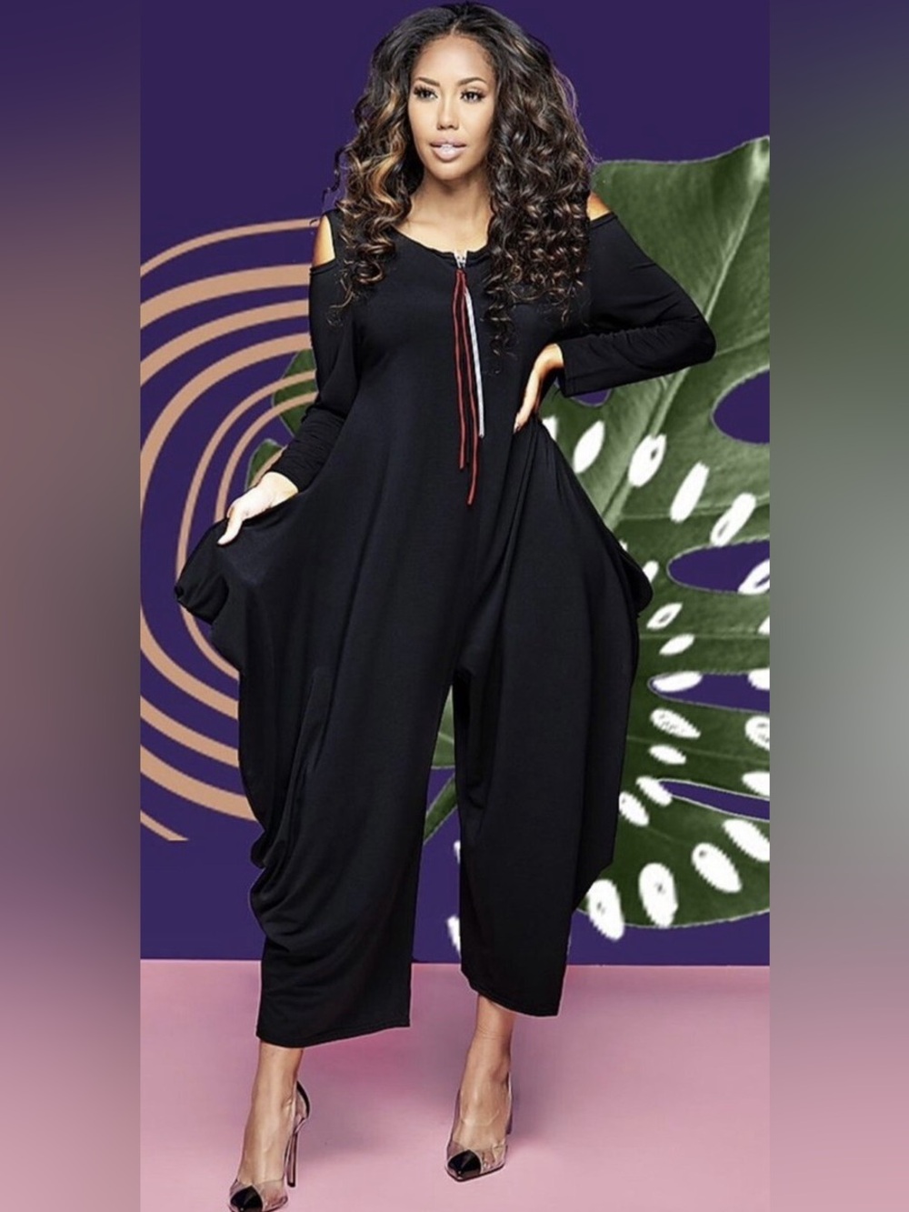 JOSEPH RIBKOFF Harem Drape Cold
Shoulder Zip Jumpsuit sz 12 Stretchy